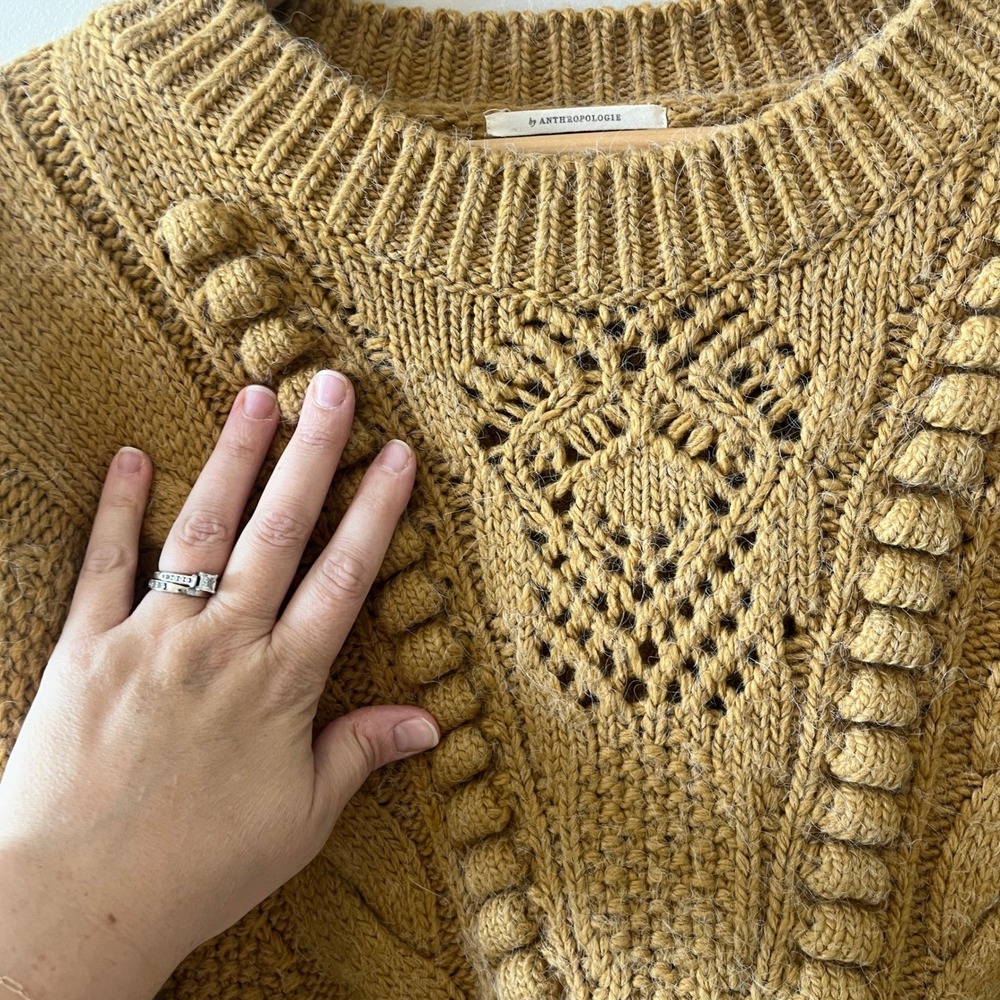 Anthropologie Mustard Yellow Cable Knit Crewneck Sweater XL - Picture 2 of 8
